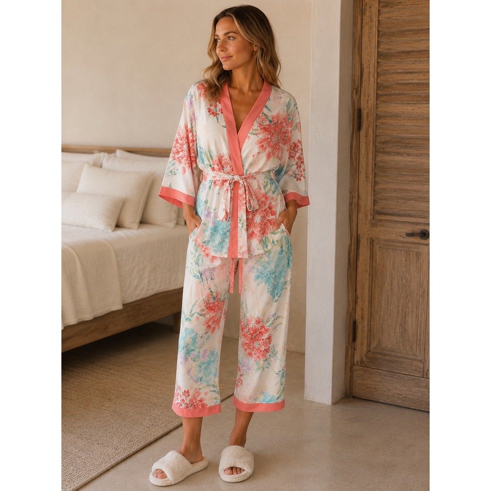 Linea Donatella Pajama Set Womens XL Floral Robe and Cropped Pants Coral White